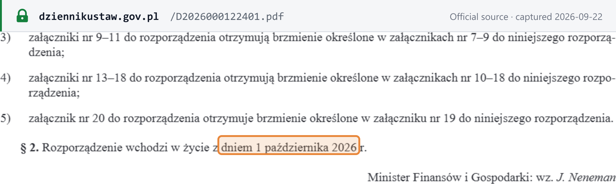 Dz.U. 2026 poz. 1224, § 2: the regulation enters into force on 1 October 2026