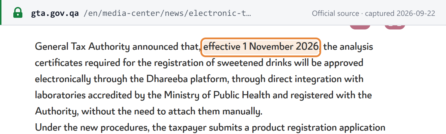 Source snapshot — GTA news: from 1 November 2026, lab certificates for sweetened-drink registration are approved electronically through Dhareeba