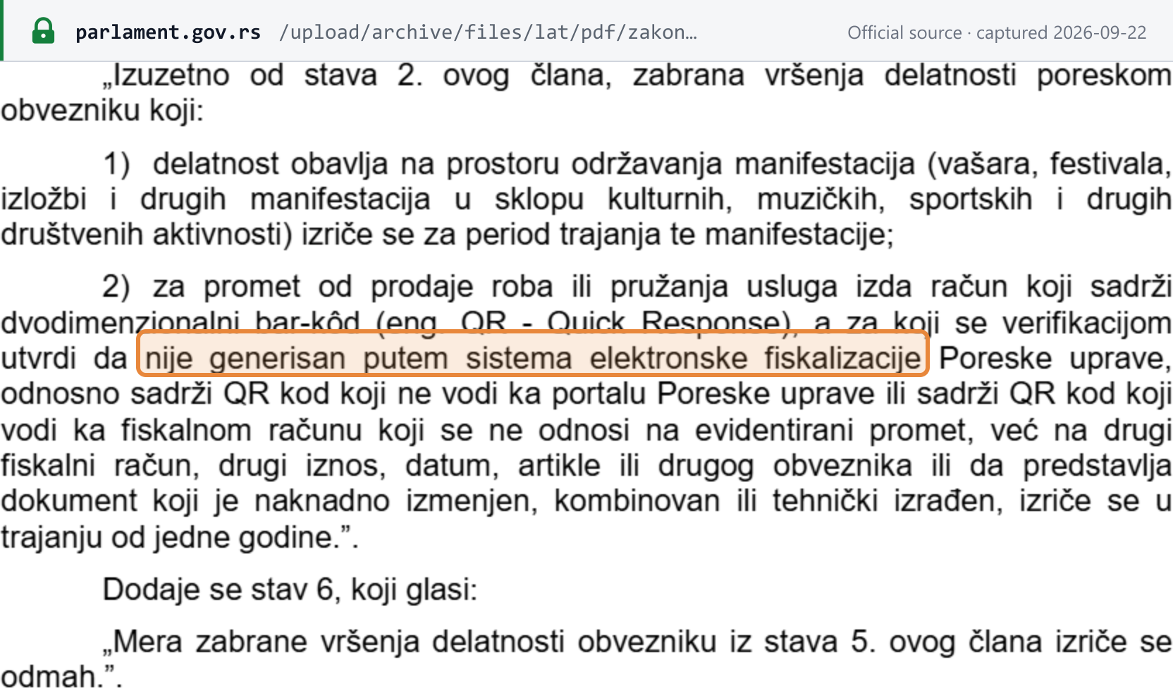 Source snapshot — Serbian amendment to the Law on Fiscalization: a one-year business ban for issuing a receipt whose QR code was not generated through the Tax Administration's e-fiscalisation system or does not lead to its portal; the ban is imposed immediately