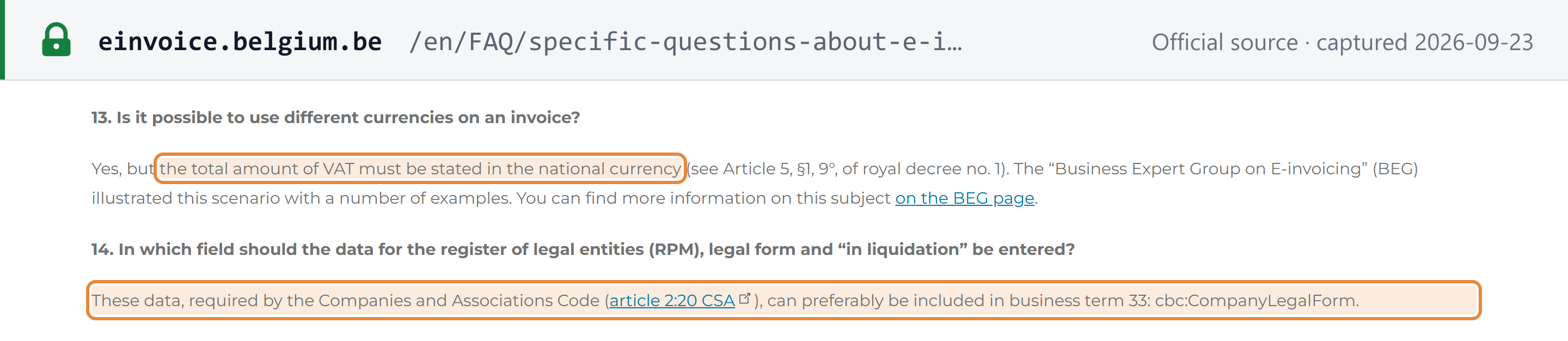 Source snapshot — SPF Finances e-invoicing FAQ, questions 13–14: total VAT must be stated in the national currency; RPM, legal form and liquidation data are required by art. 2:20 CSA