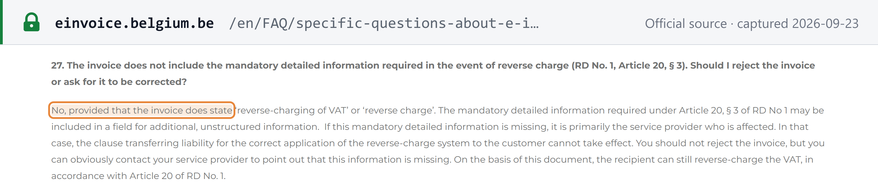 Source snapshot — SPF Finances e-invoicing FAQ, question 27: an invoice stating "reverse charge" need not be rejected; the Royal Decree No. 1 art. 20 § 3 detail may sit in free text