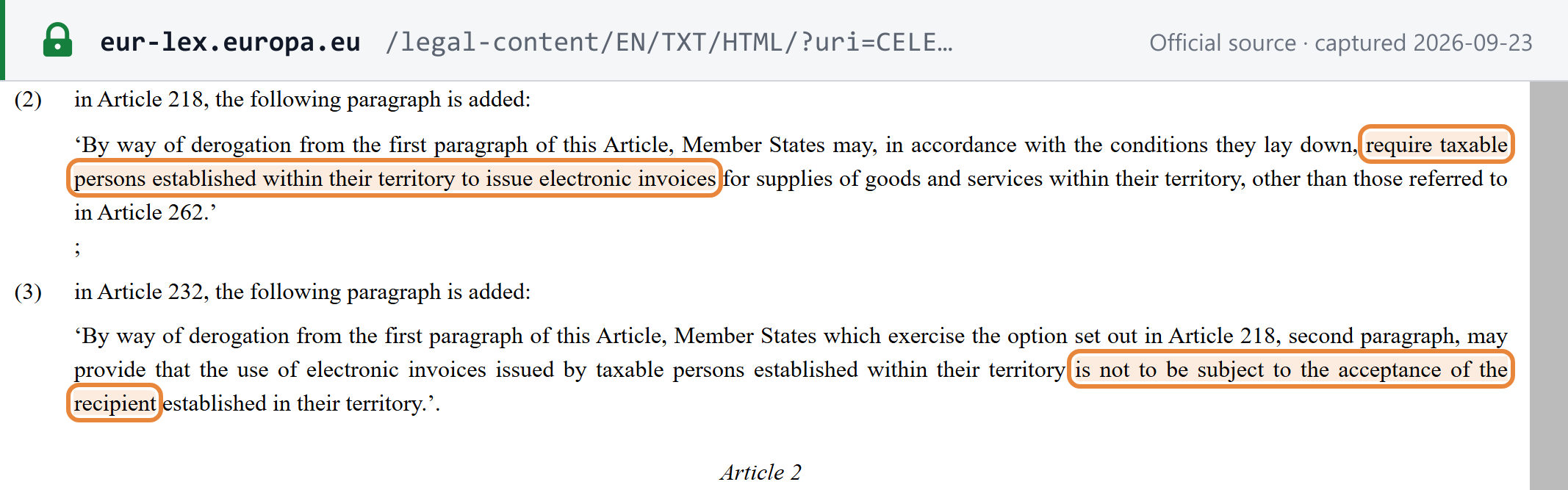 Source snapshot — Council Directive (EU) 2025/516, art. 1(2)–(3): new paragraphs in Articles 218 and 232 let Member States require e-invoices without the recipient's acceptance
