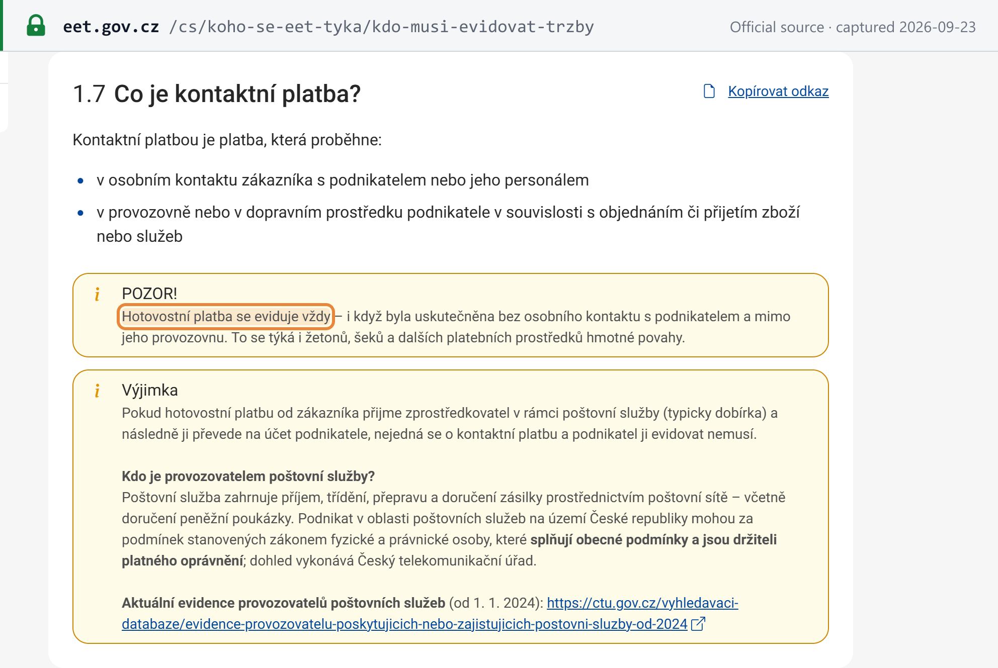 Source snapshot — eet.gov.cz: a cash payment is always recorded, even without personal contact and outside the premises