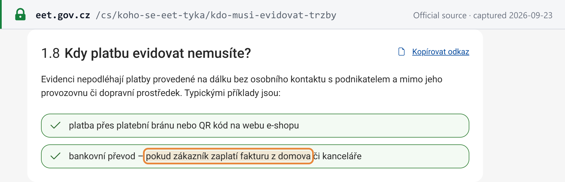 Source snapshot — eet.gov.cz: remote payments, including a bank transfer paying an invoice from home or the office, are outside EET 2.0