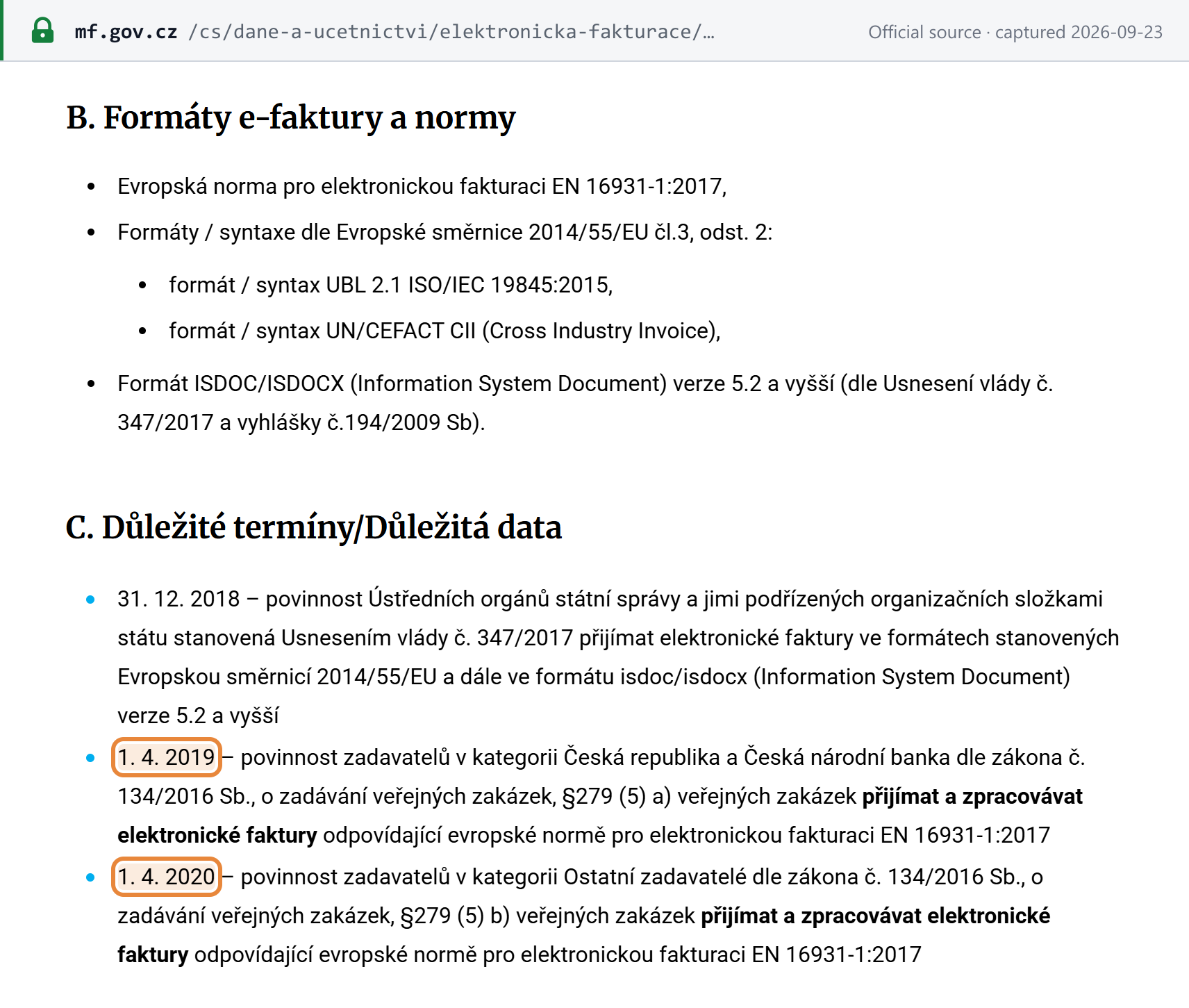 Source snapshot — Ministry of Finance: accepted formats and B2G dates 31.12.2018, 1.4.2019 and 1.4.2020