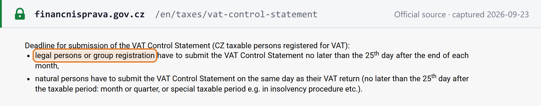 Source snapshot — Financial Administration: legal persons file the control statement within 25 days of the end of the month
