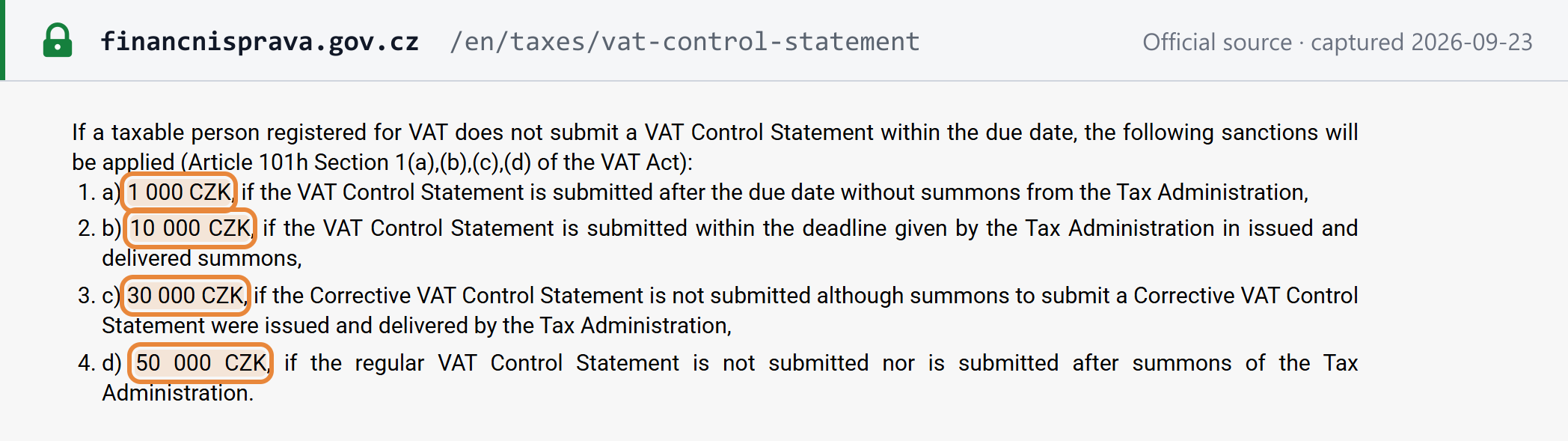 Source snapshot — Financial Administration: §101h(1)(a)–(d) control-statement fines of CZK 1,000, 10,000, 30,000 and 50,000