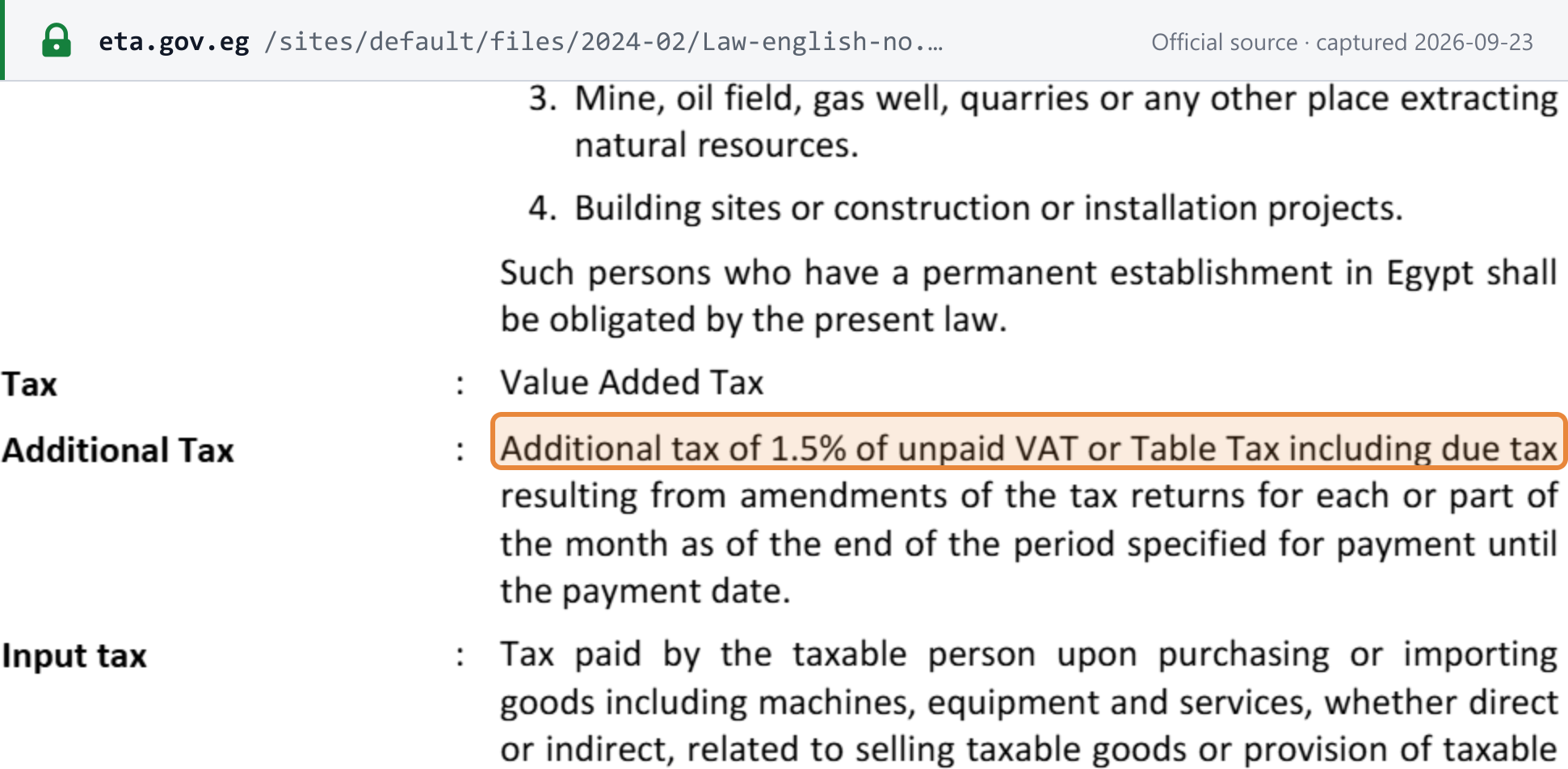 Source snapshot — ETA's English consolidation of VAT Law 67/2016, Article 1: additional tax of 1.5% of unpaid VAT or Table Tax for each month or part of a month from the end of the payment period until payment