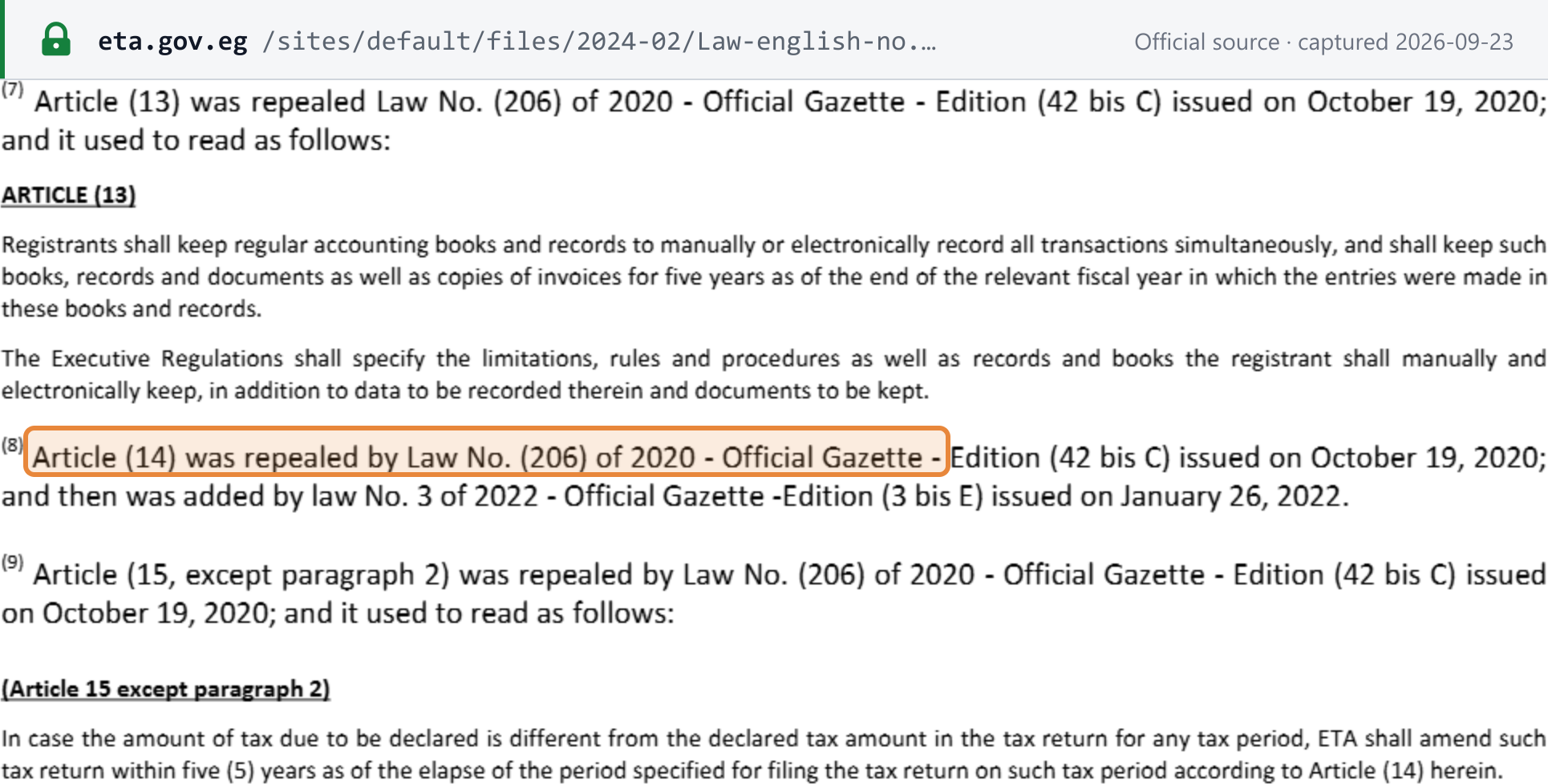 Source snapshot — ETA's English consolidation of VAT Law 67/2016, footnotes to Articles 13-15: Article (14) was repealed by Law No. 206 of 2020 and then added again by Law No. 3 of 2022; Article 15 was repealed except its second paragraph