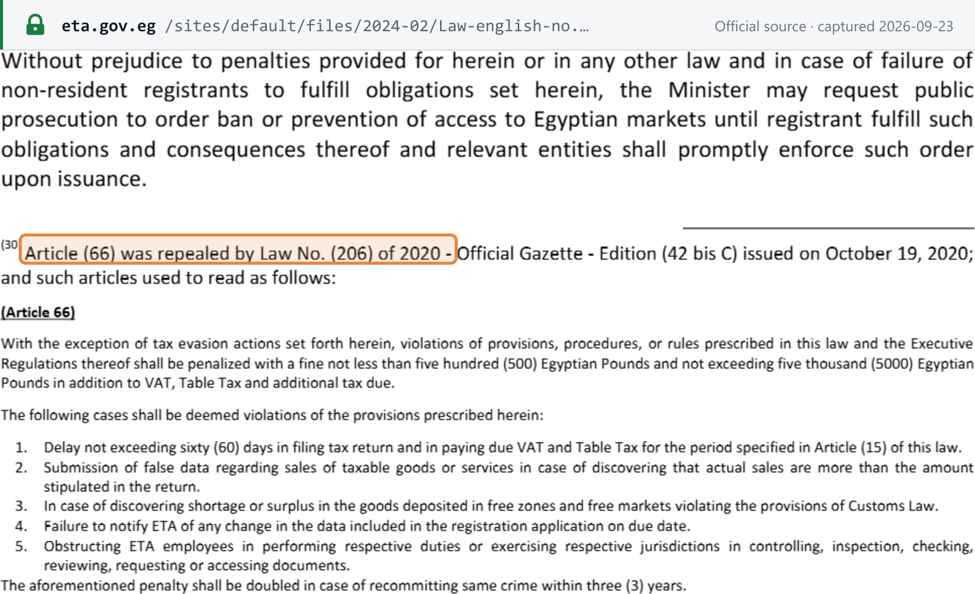 Source snapshot — ETA's English consolidation of VAT Law 67/2016: Article (66), the former general-violations fine of EGP 500-5,000 covering delay of up to 60 days, was repealed by Law No. 206 of 2020