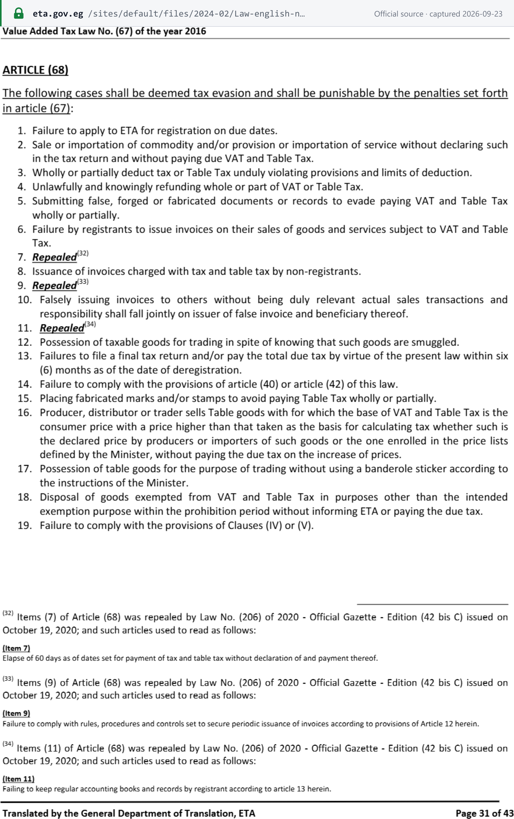 Source snapshot — ETA's English consolidation of VAT Law 67/2016, Article 68: the evasion list numbered to 19, with items 7, 9 and 11 marked repealed by Law 206/2020 and item 13 (final return within six months of deregistration) still in force