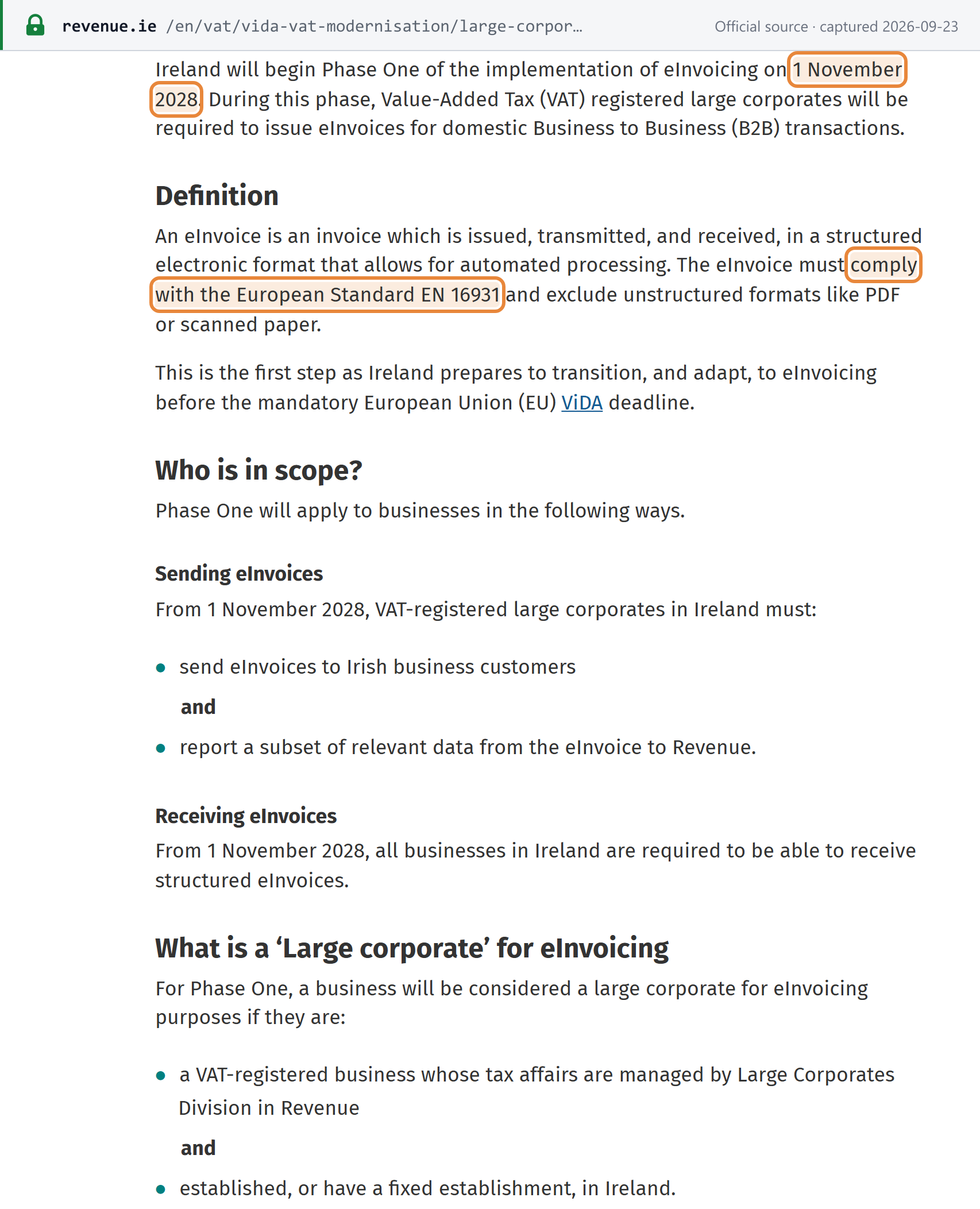 Source snapshot — Revenue Phase One page: e-invoicing begins 1 November 2028 for VAT-registered large corporates, and e-invoices must comply with EN 16931