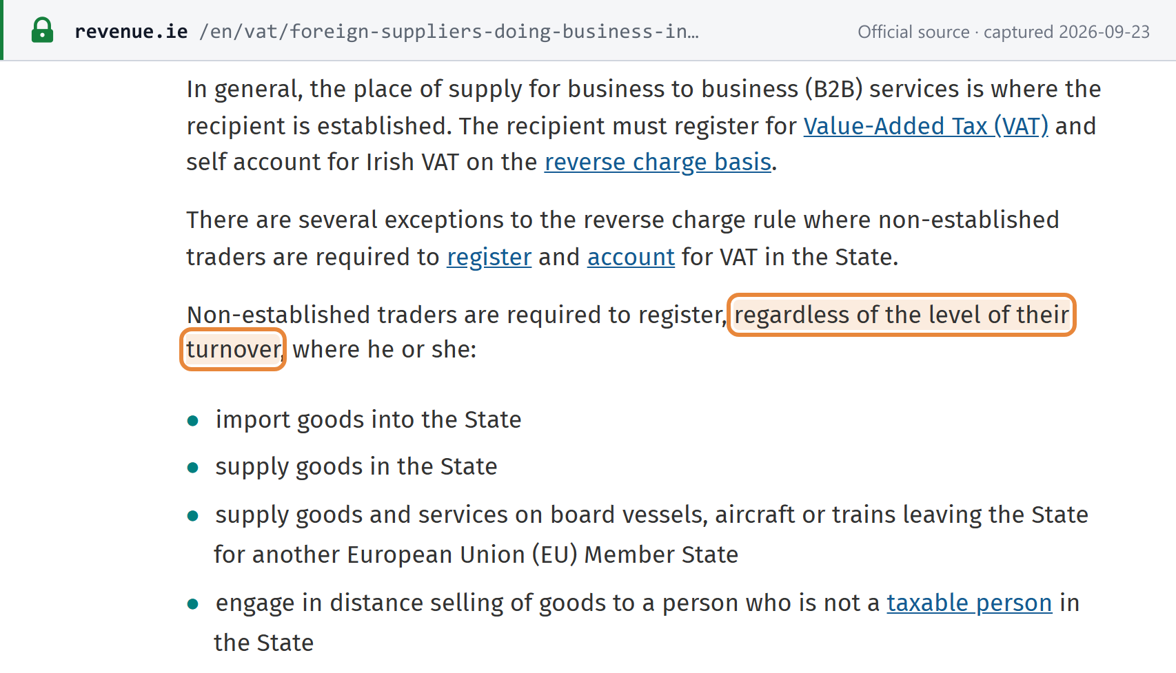 Source snapshot — Revenue: B2B customers self-account under the reverse charge, while non-established traders must register regardless of turnover when they import goods, supply goods in Ireland or distance-sell goods