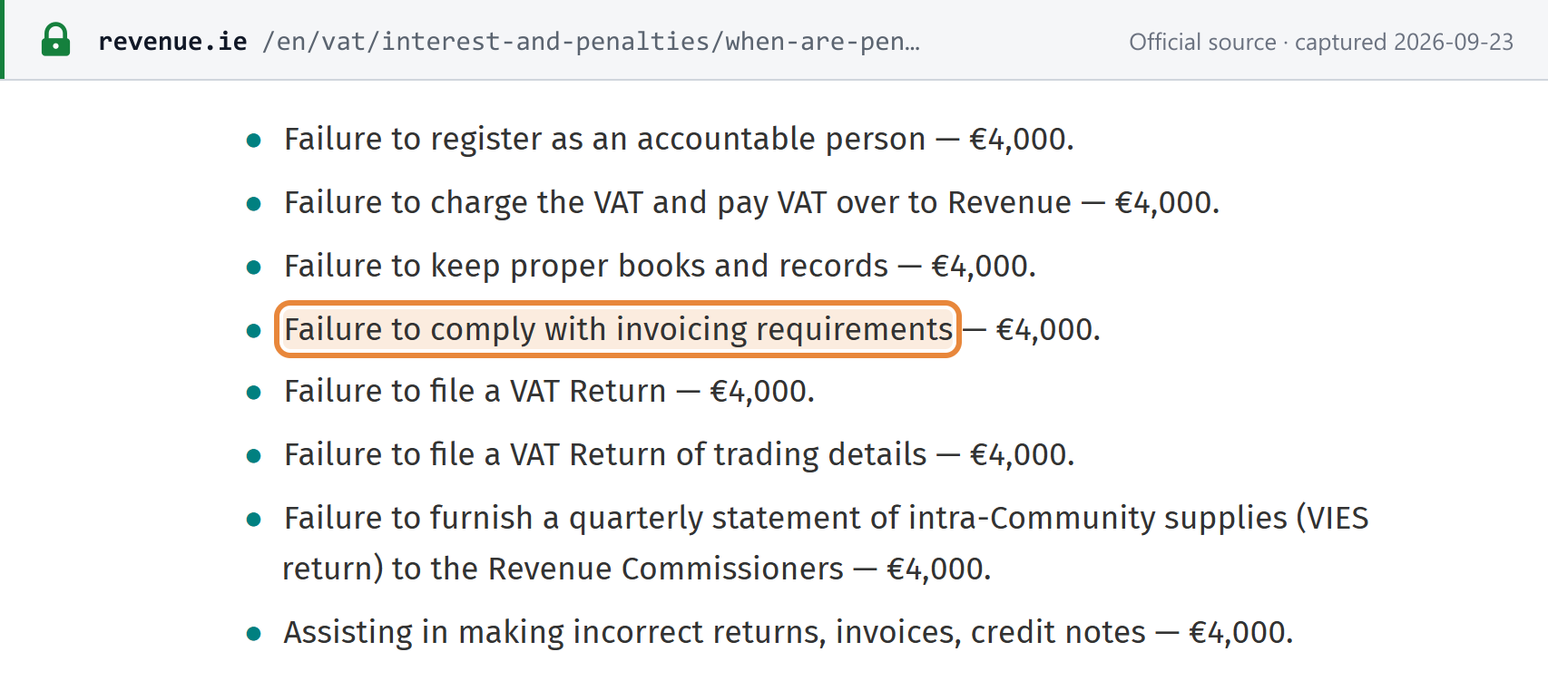 Source snapshot — Revenue fixed penalties: €4,000 each for failure to register, failure to comply with invoicing requirements and failure to file a VAT return