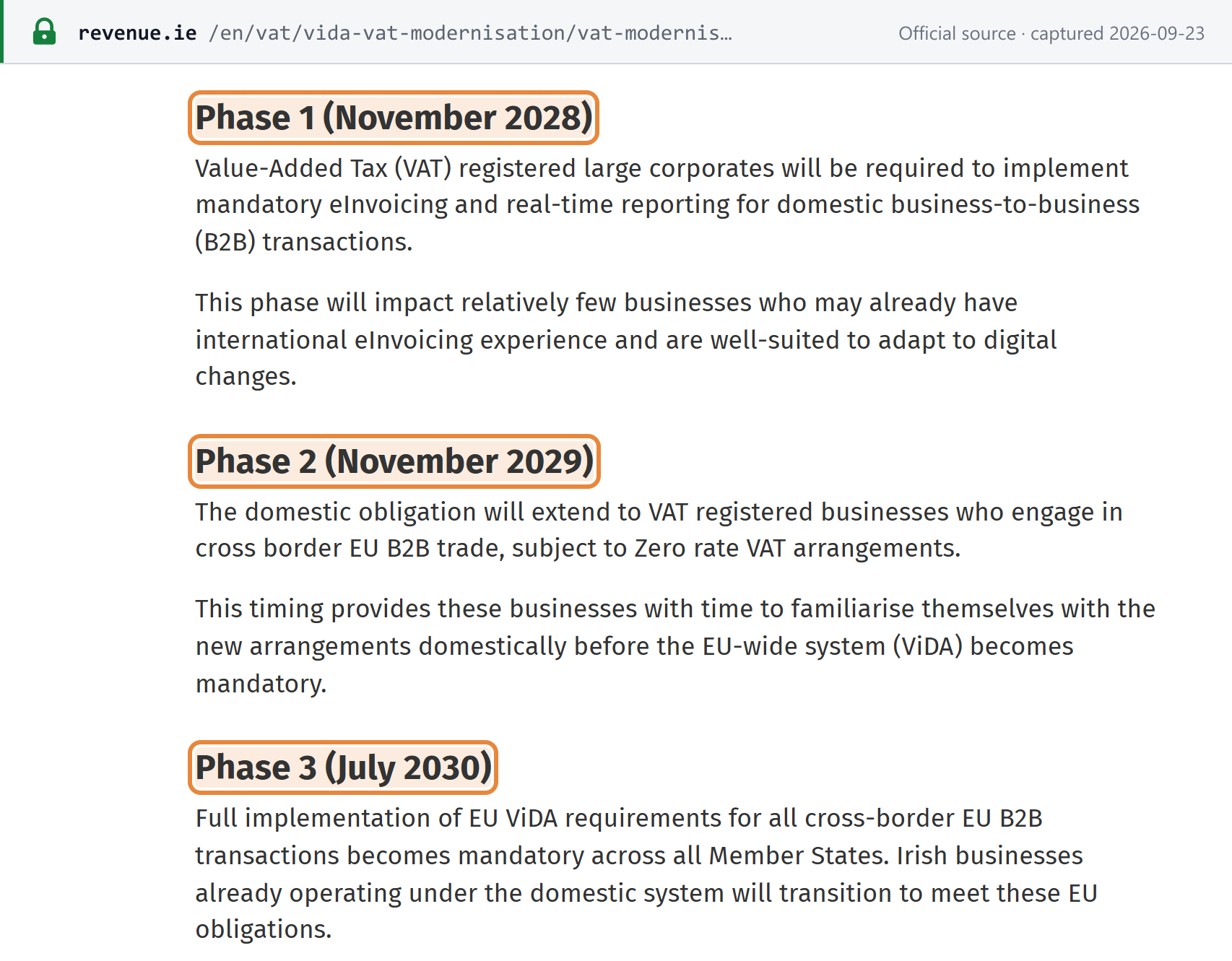Source snapshot — Revenue VAT Modernisation timeline: Phase 1 November 2028, Phase 2 November 2029, Phase 3 July 2030