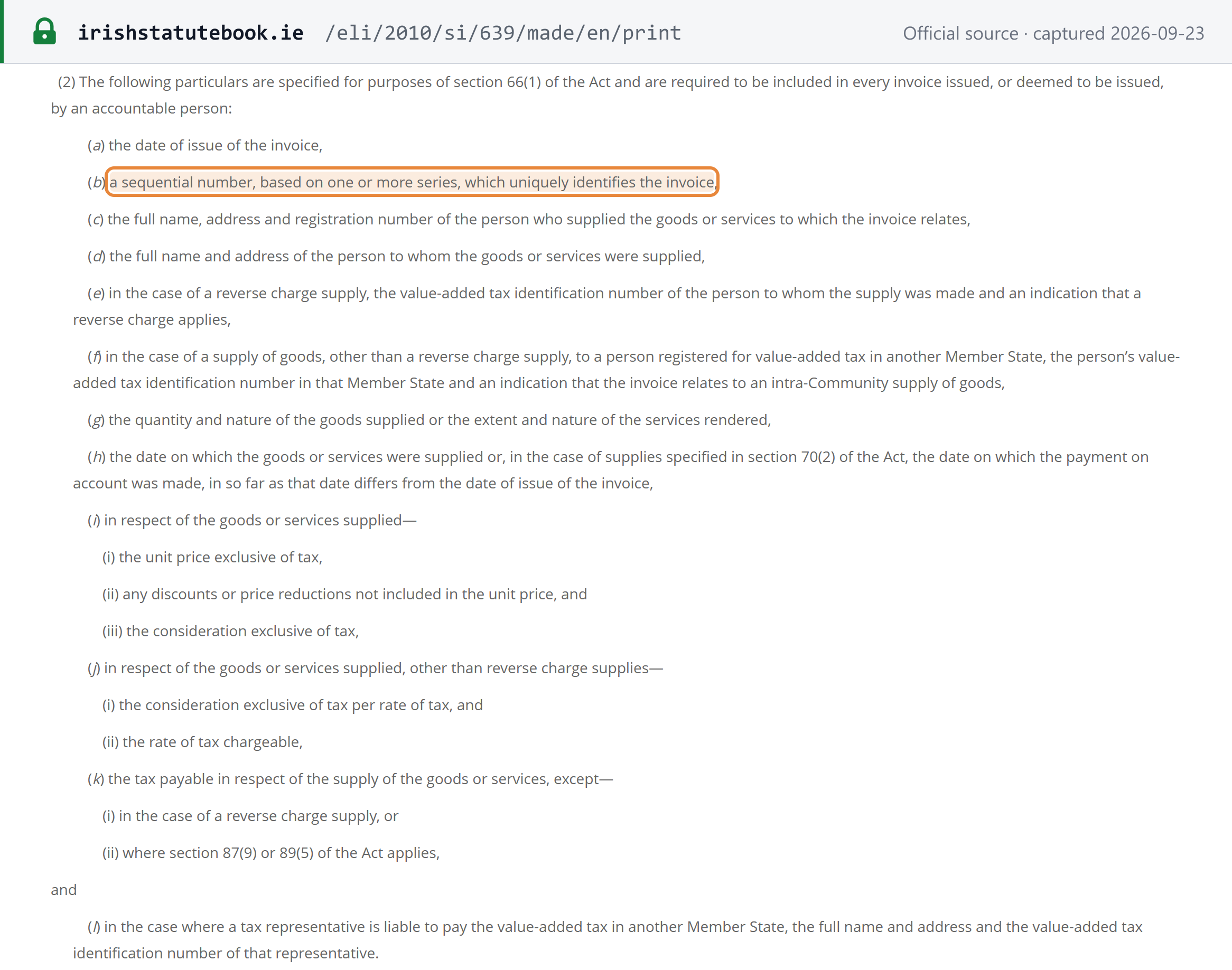 Source snapshot — VAT Regulations 2010 reg. 20(2)(a)–(l): the particulars required on every VAT invoice, including a sequential number that uniquely identifies the invoice