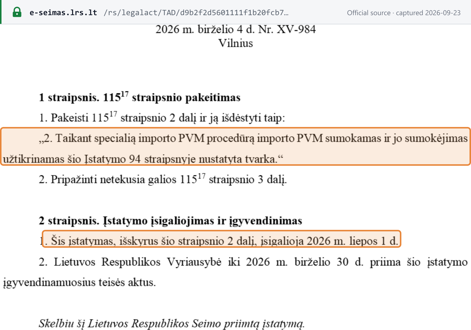 Source snapshot — Act No. XV-984 of 4 June 2026: Article 115¹⁷(2) now points to Article 94, Article 115¹⁷(3) is repealed, and the Act enters into force on 1 July 2026