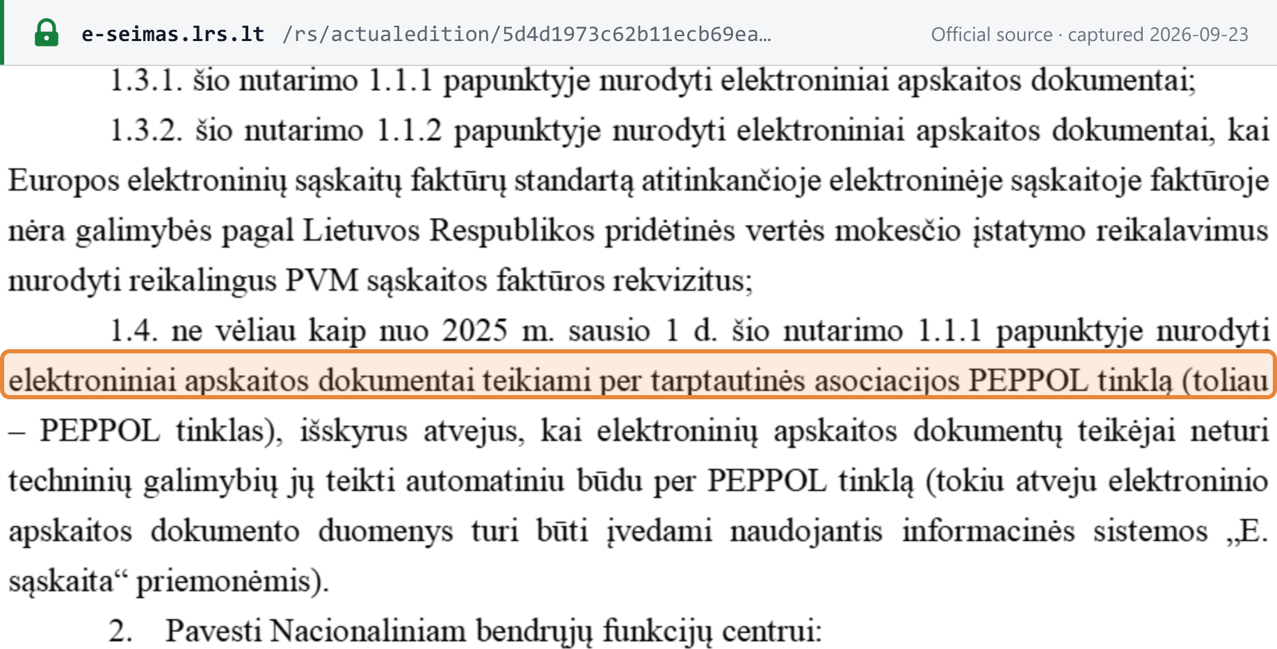 Source snapshot — Government resolution No. 405, point 1.4: B2G e-invoices sent through the PEPPOL network from 1 January 2025
