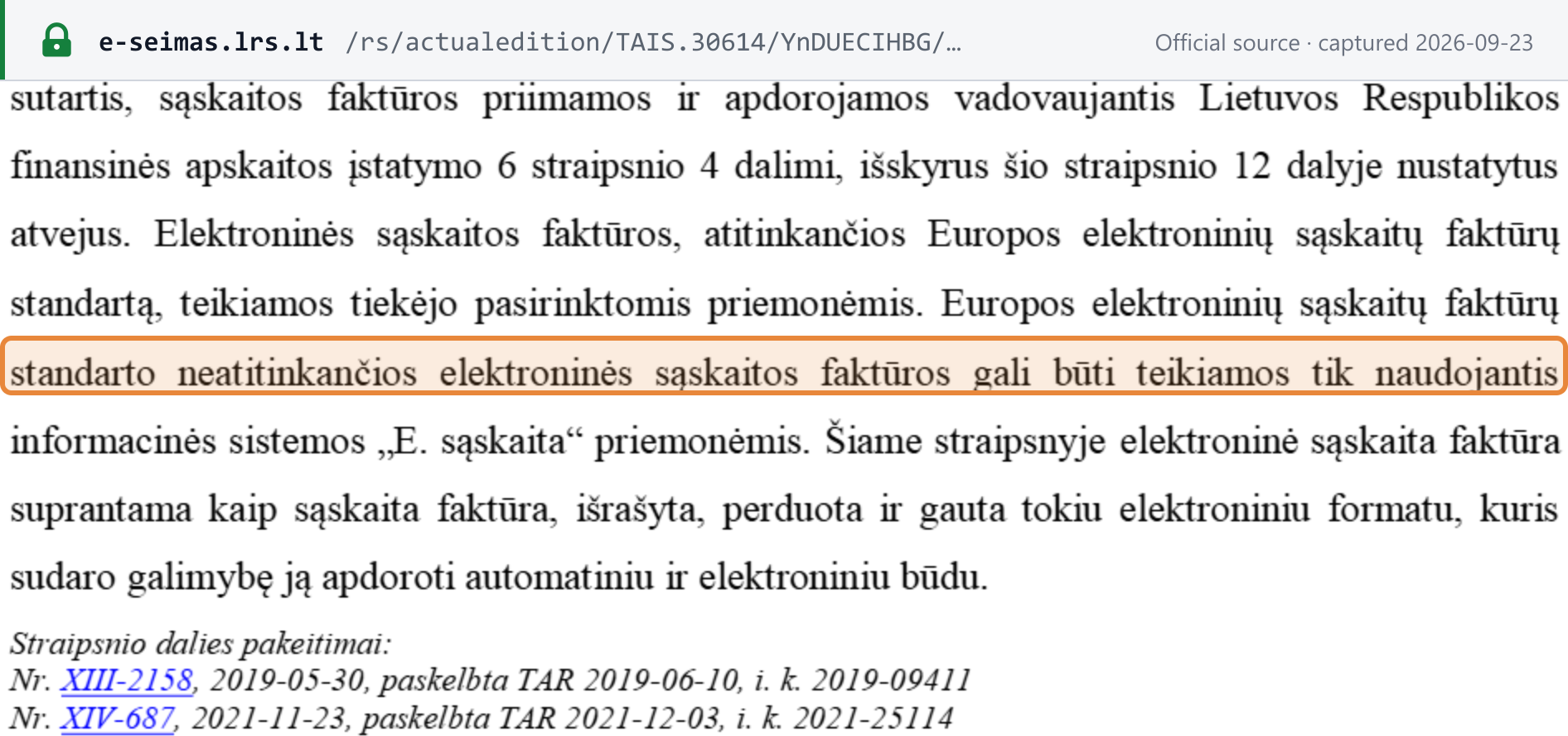 Source snapshot — Public Procurement Law Art. 22(3): EN-standard e-invoices by means the supplier chooses; non-conforming e-invoices only through the E. sąskaita information system