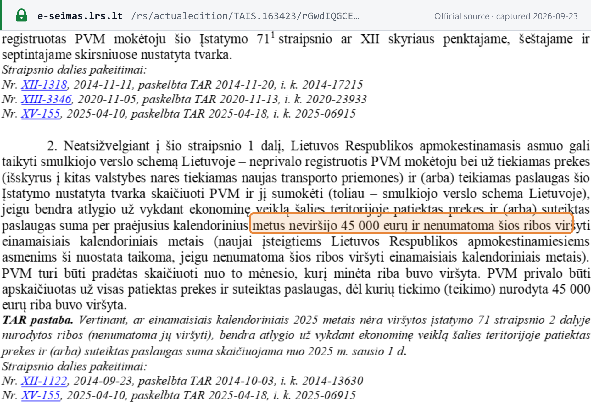 Source snapshot — VAT Law Art. 71(2): the EUR 45,000 registration limit