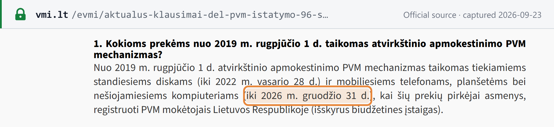 Source snapshot — VMI FAQ on Art. 96(1)(4): the reverse charge on mobile phones, tablets and laptops applies until 31 December 2026, and on hard drives applied until 28 February 2022