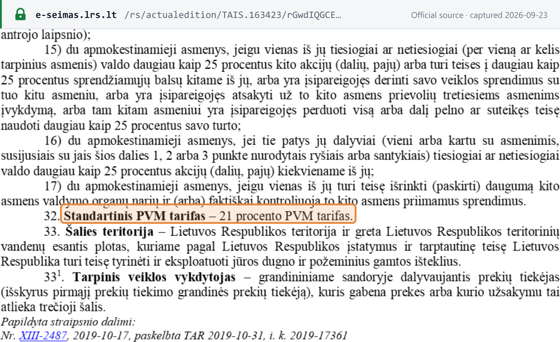 Source snapshot — VAT Law Art. 2(32): the standard VAT rate is 21 per cent