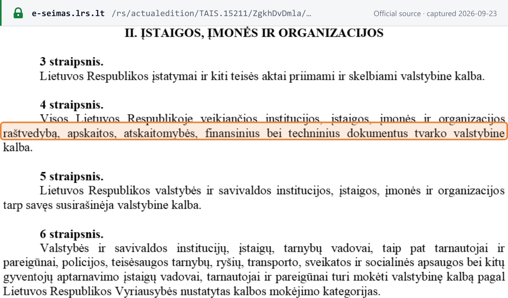 Source snapshot — Law on the State Language, Art. 4: accounting and financial documents are kept in the state language