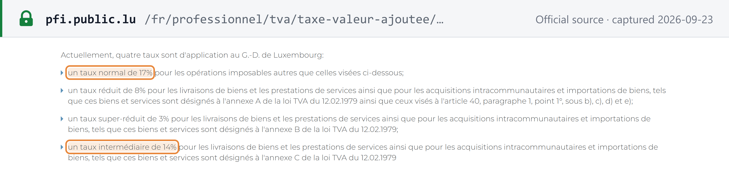 Source snapshot — AED national rates page: four rates apply in Luxembourg, 17% standard, 8% reduced, 3% super-reduced and 14% intermediate