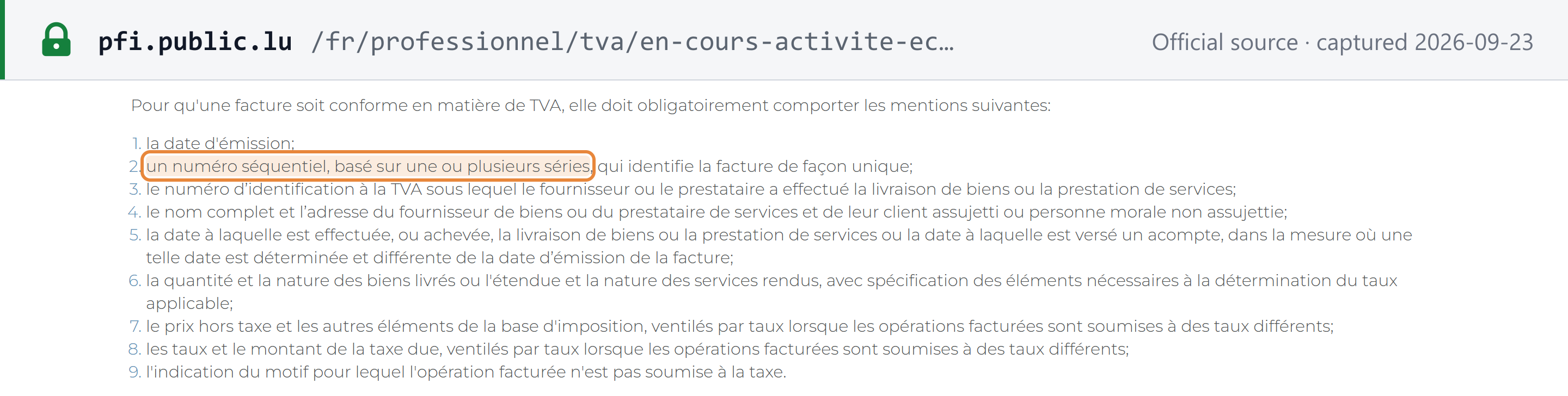 Source snapshot — AED list of the particulars a VAT invoice must carry, including a sequential number based on one or more series