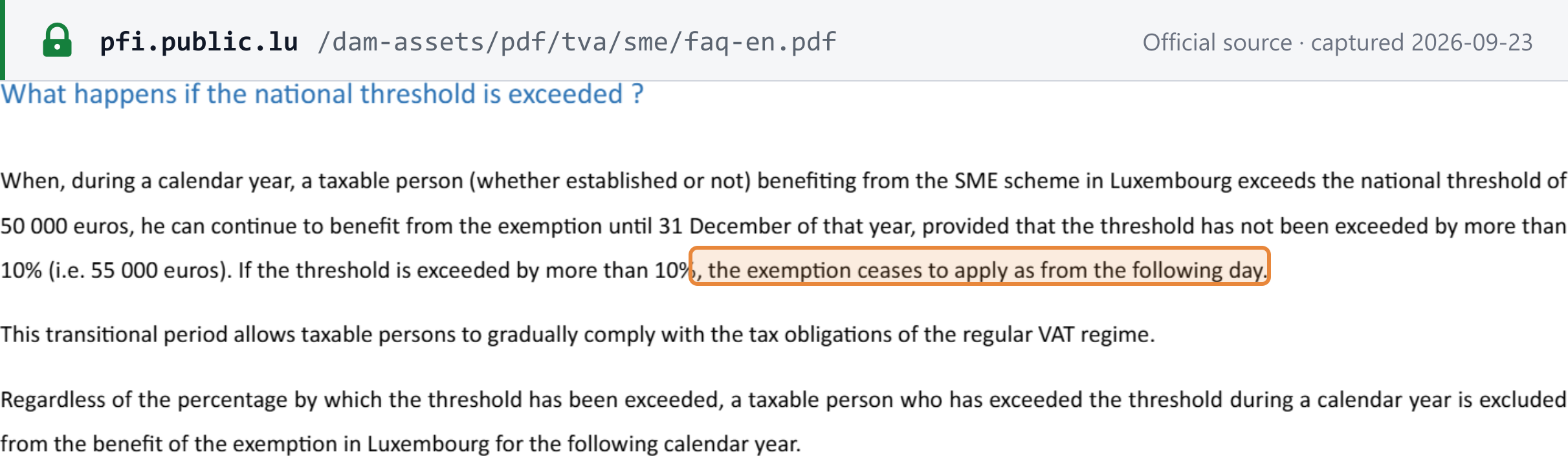 Source snapshot — AED SME FAQ: franchise ends the day after turnover passes EUR 55,000, and the business is excluded for the next calendar year