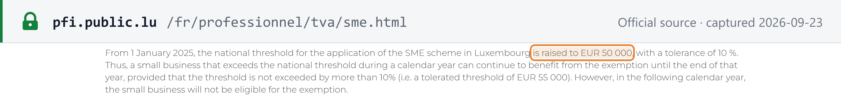 Source snapshot — AED SME page: from 1 January 2025 the national franchise threshold is raised to EUR 50,000, with a 10% tolerance