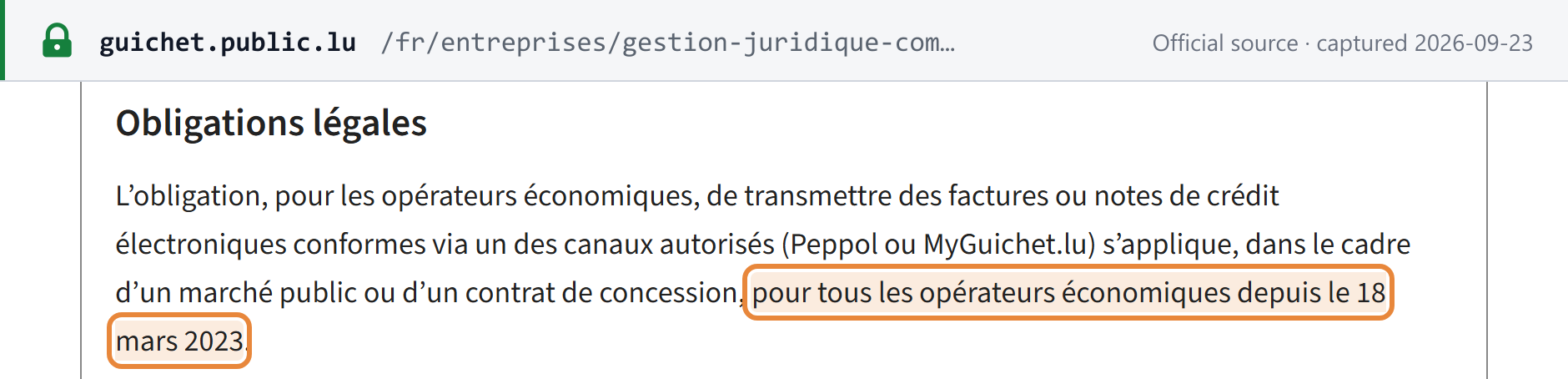 Source snapshot — Guichet.lu: compliant e-invoices through Peppol or MyGuichet.lu are mandatory in public procurement for all economic operators since 18 March 2023