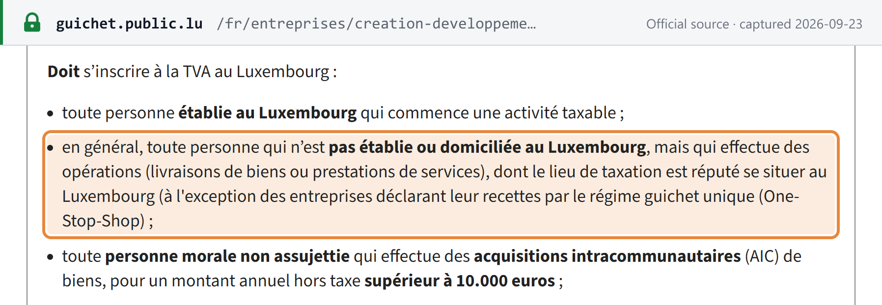 Source snapshot — Guichet.lu registration list: a person not established in Luxembourg whose supplies are taxed there must register, unless it declares through the One-Stop-Shop