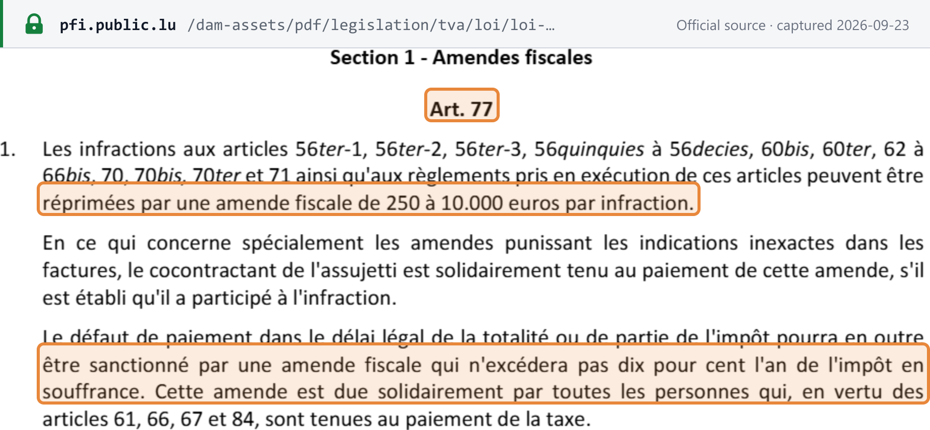 Source snapshot — VAT law art. 77(1): fiscal fine of EUR 250 to 10,000 per infringement, and a late-payment fine of up to 10% a year of the outstanding tax