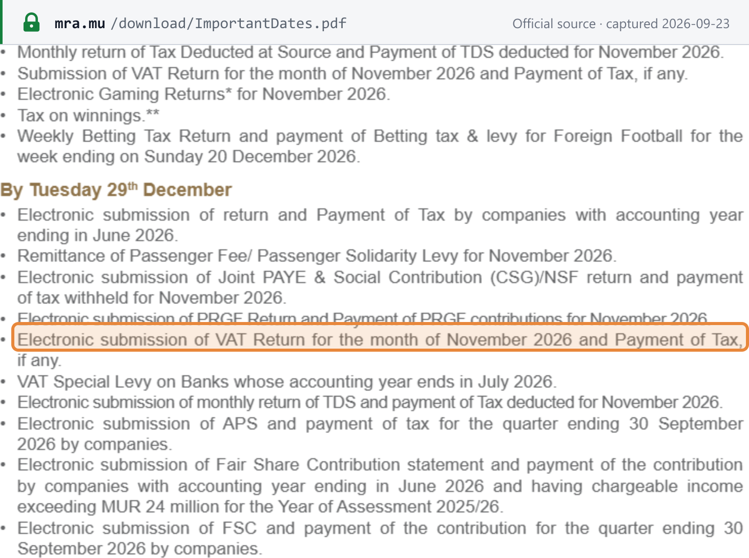 Source snapshot — MRA tax calendar, July–December 2026: the November 2026 VAT return due by Tuesday 29 December
