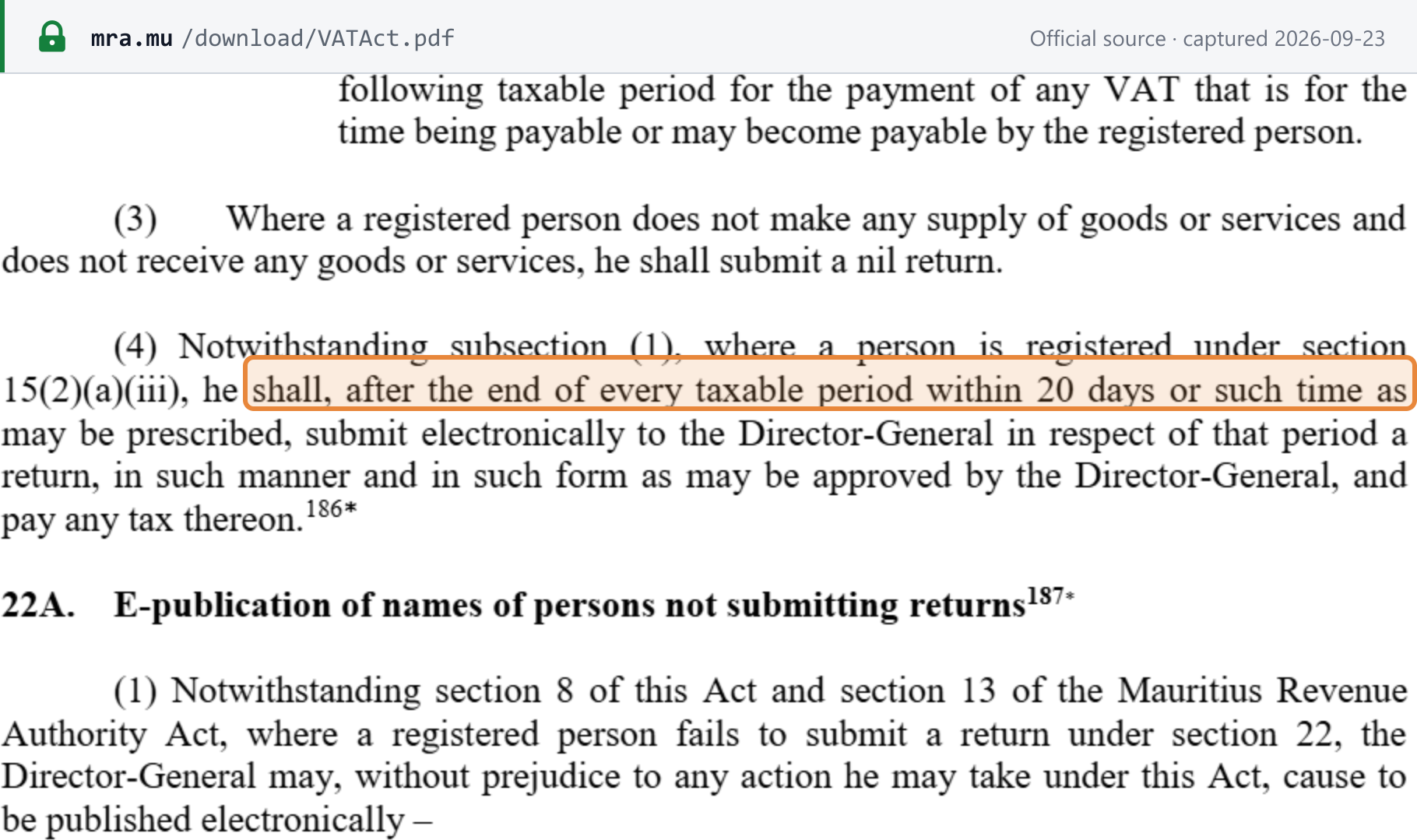 Source snapshot — VAT Act section 22(4): foreign digital-service suppliers submit returns within 20 days or such time as may be prescribed