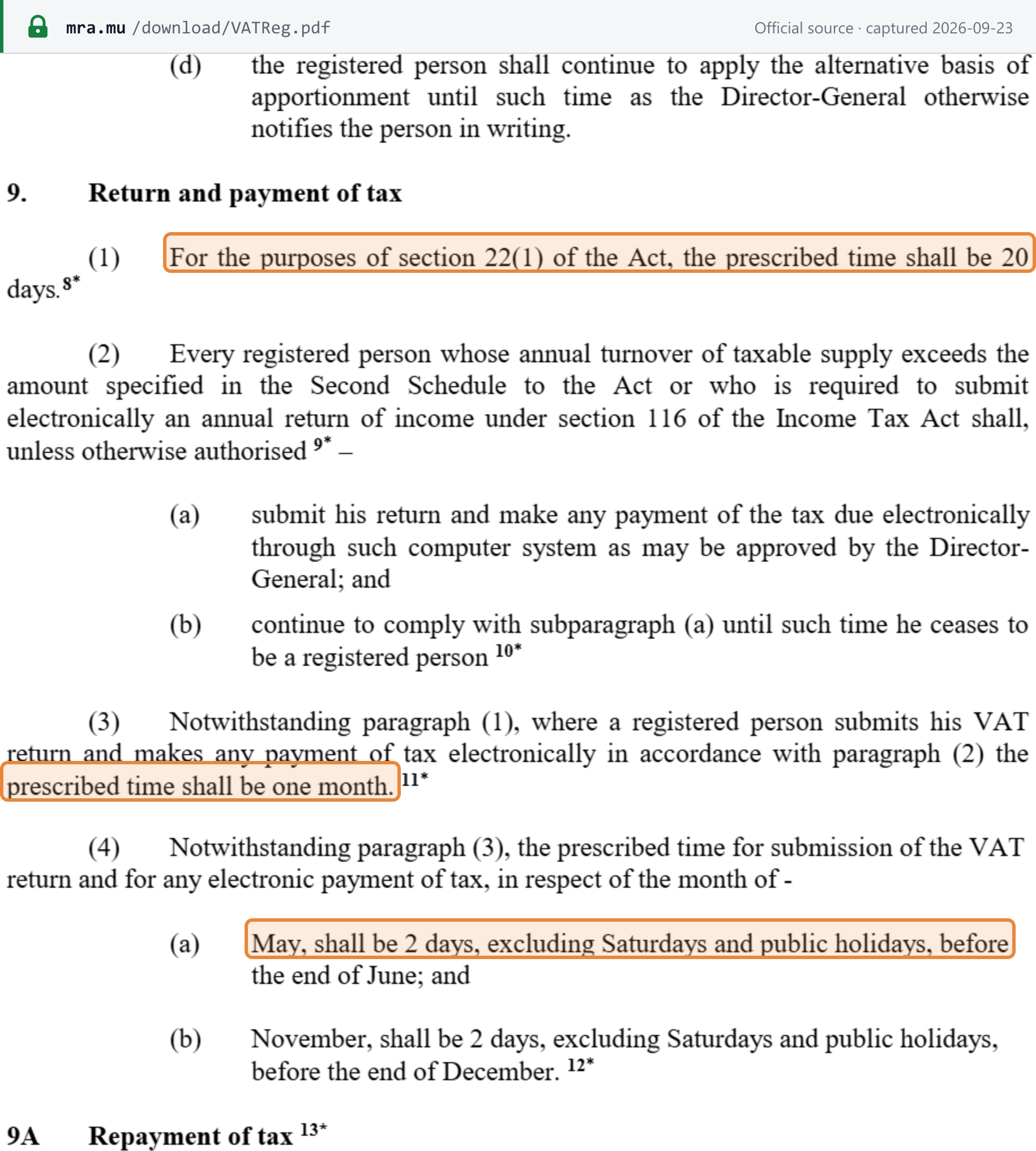 Source snapshot — VAT Regulations 1998, regulation 9: 20 days, one month for electronic filers, and the May/November carve-out