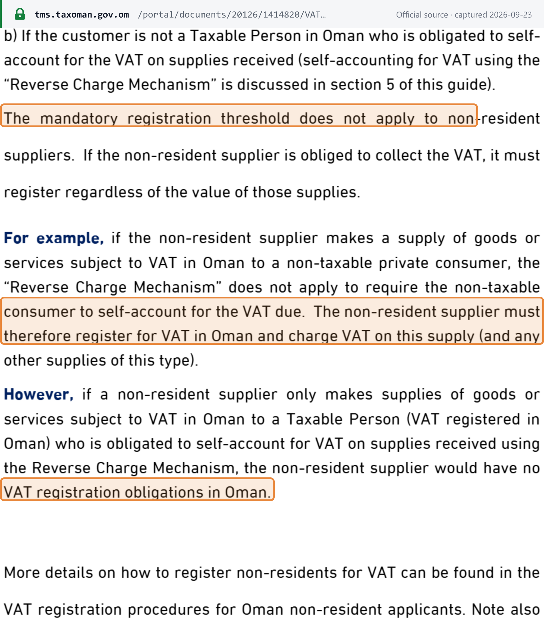 Source snapshot — Tax Authority e-commerce guide §3.1: no registration threshold for non-resident suppliers; B2C sellers must register, B2B-only sellers need not