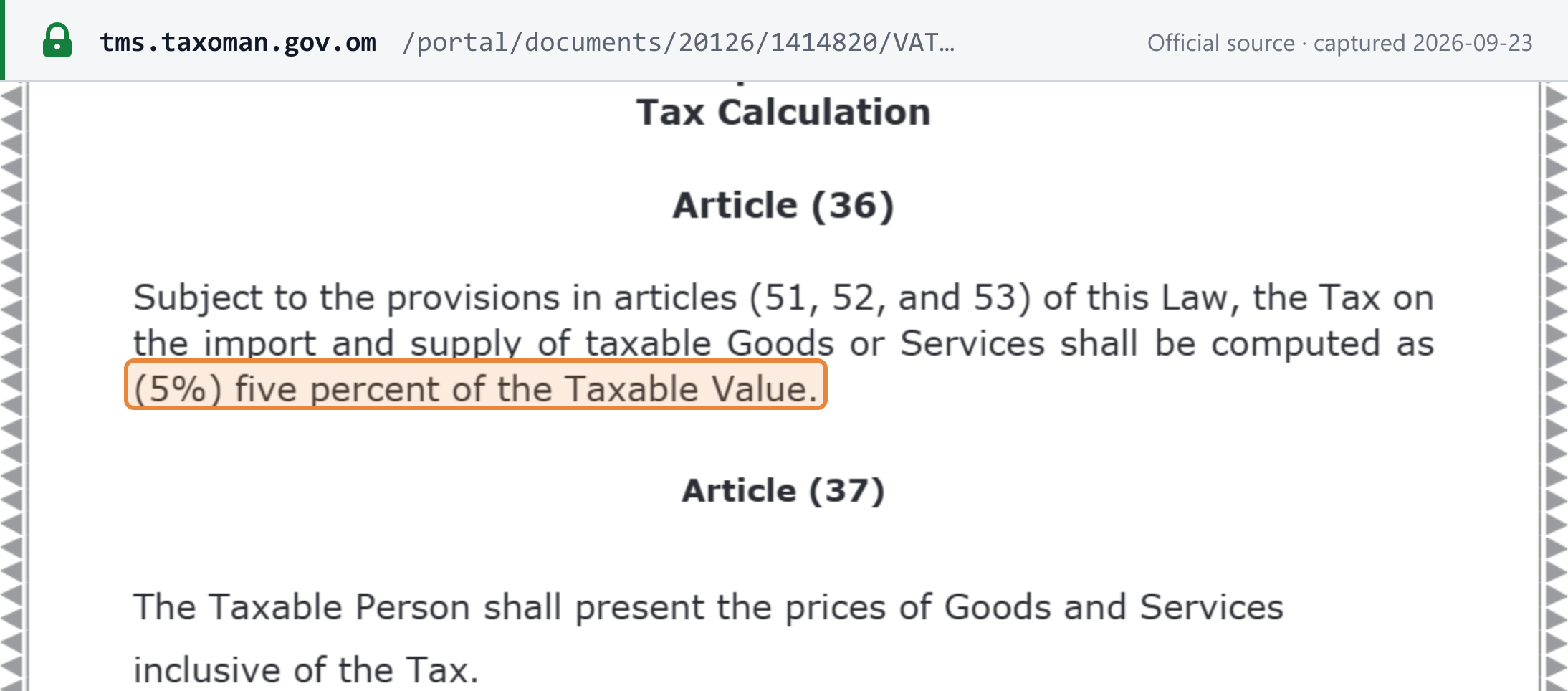 Source snapshot — VAT Law Art. 36: VAT is computed at 5% of the taxable value