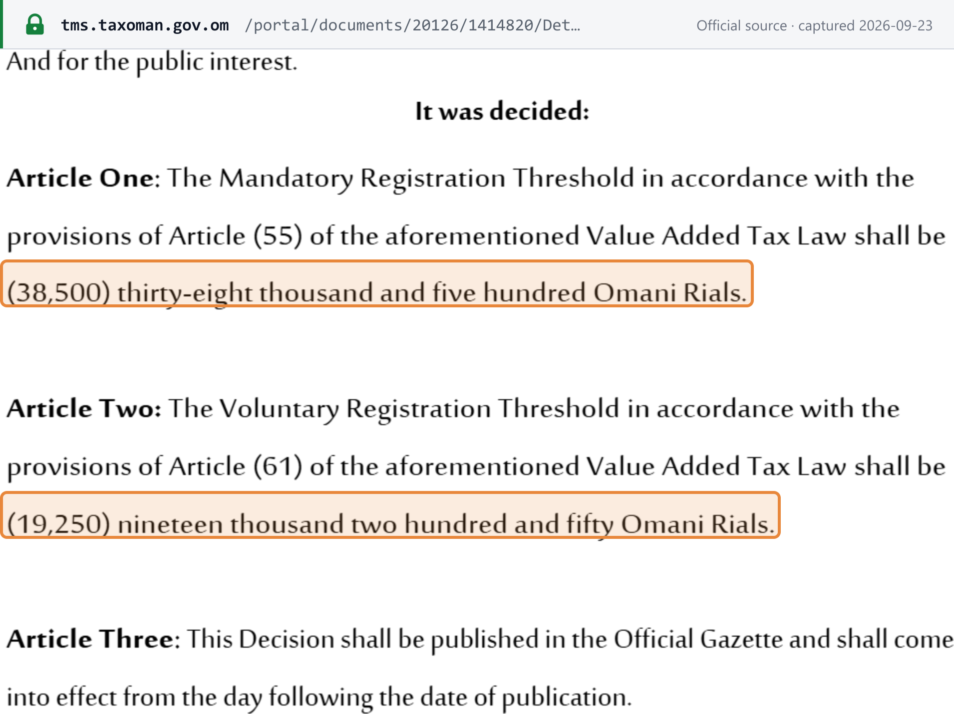 Source snapshot — Tax Authority thresholds decision: mandatory registration threshold OMR 38,500, voluntary OMR 19,250