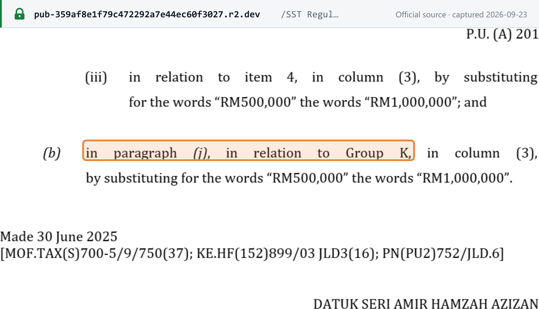 Source snapshot — P.U.(A) 201/2025: Group H item 4 and Group K thresholds raised from RM500,000 to RM1,000,000