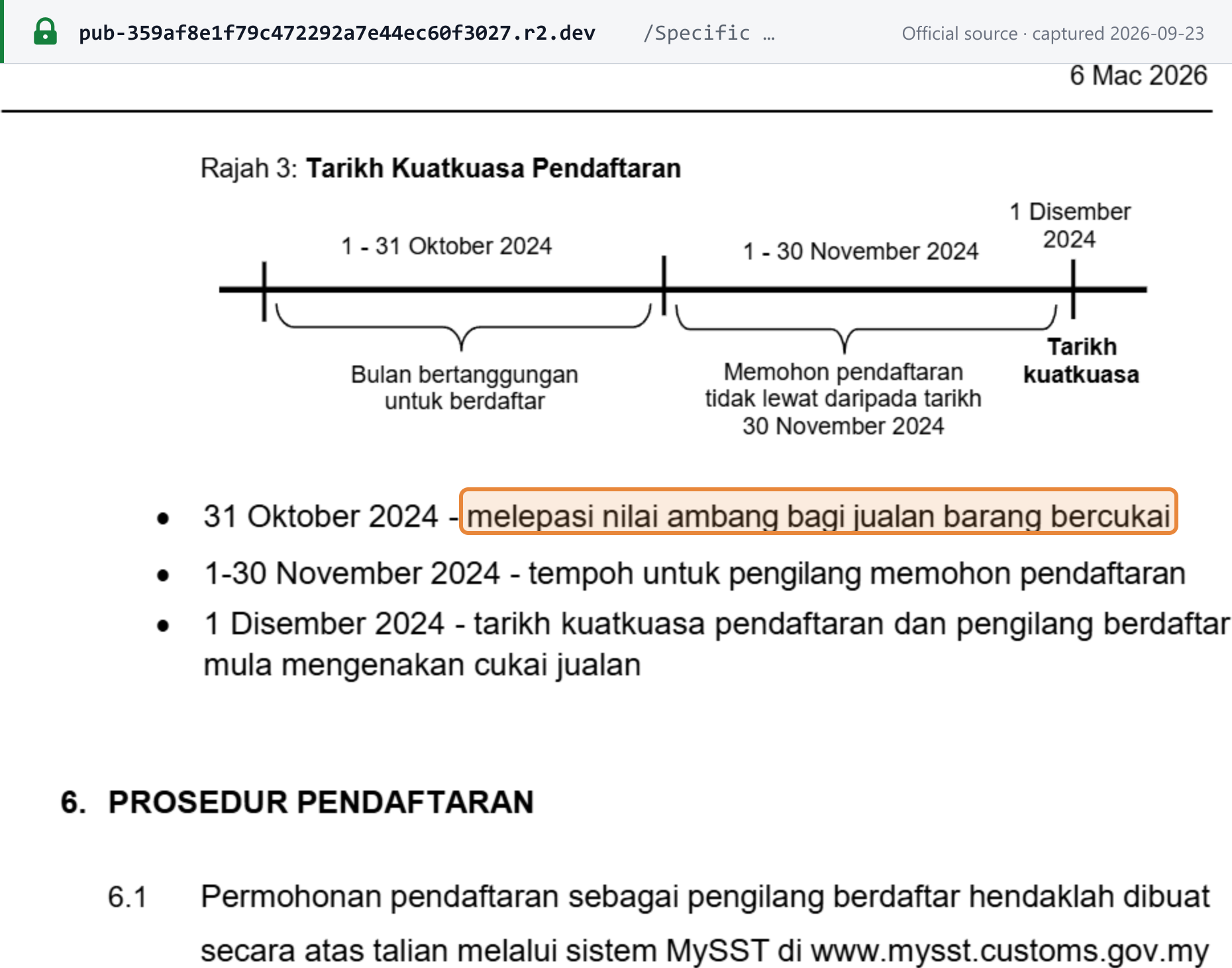 Source snapshot — RMCD sales tax registration guide, Rajah 3: liable 31 October 2024, apply 1–30 November 2024, registration effective 1 December 2024