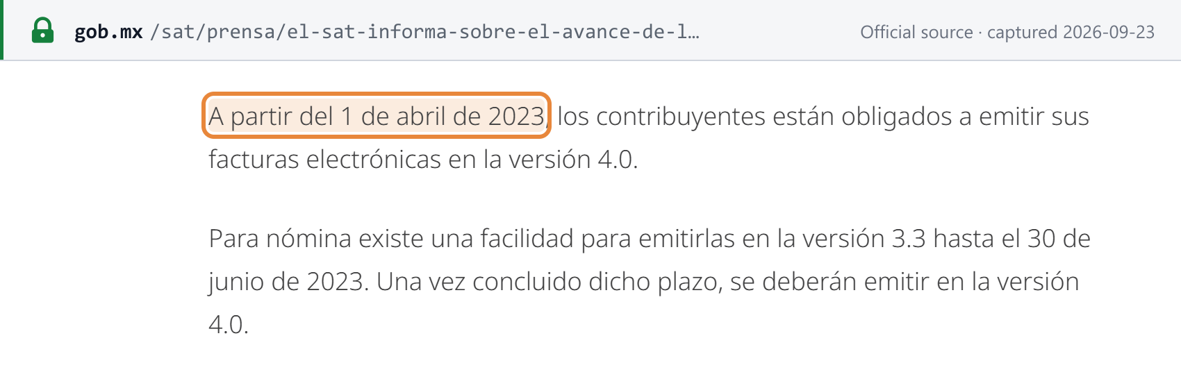 Source snapshot — SAT press release, 5 April 2023: from 1 April 2023 taxpayers must issue CFDI version 4.0; payroll CFDI until 30 June 2023