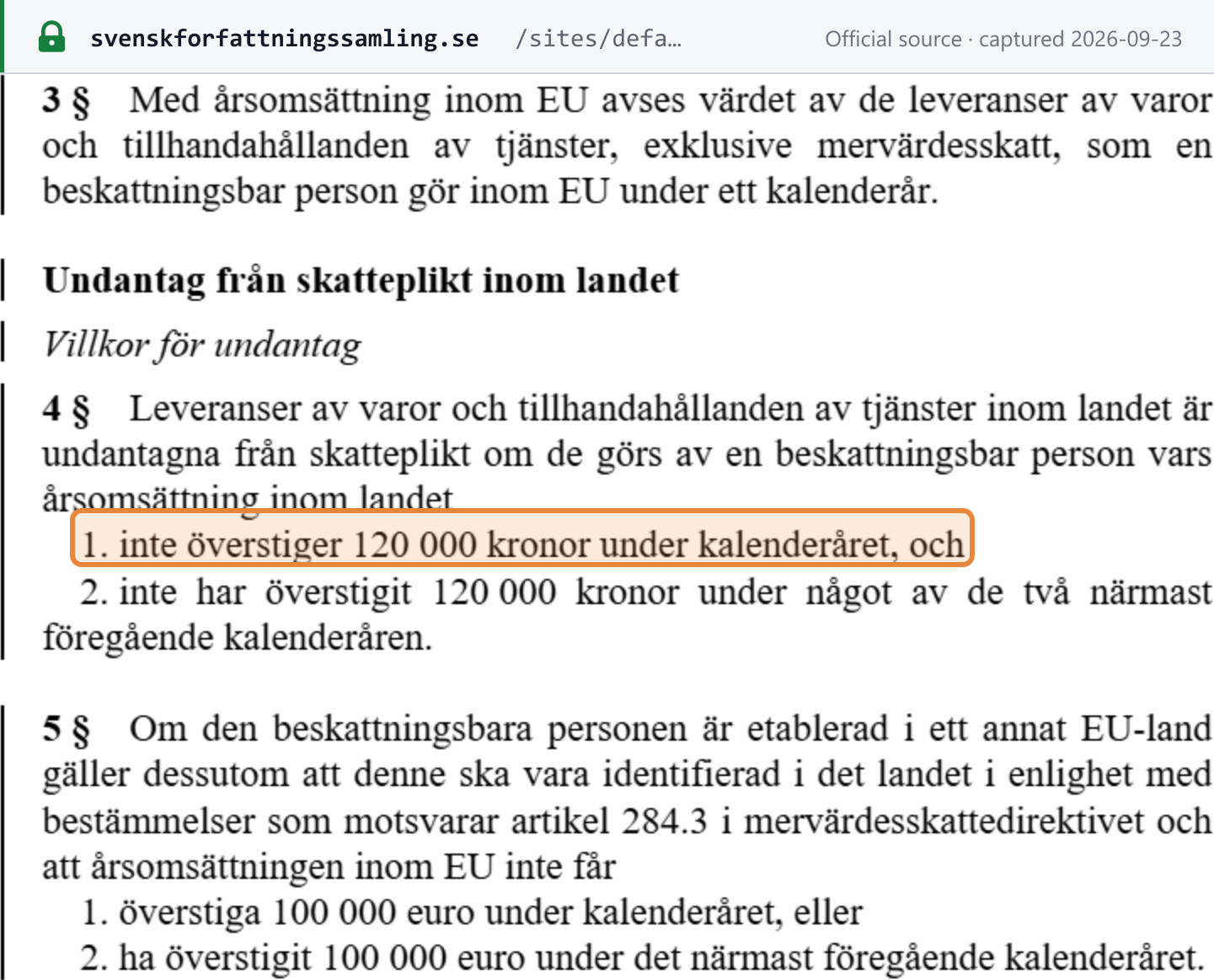 Source snapshot — SFS 2024:942, the new ML 18 kap. 4 §: the exemption applies only where domestic annual turnover does not exceed SEK 120,000