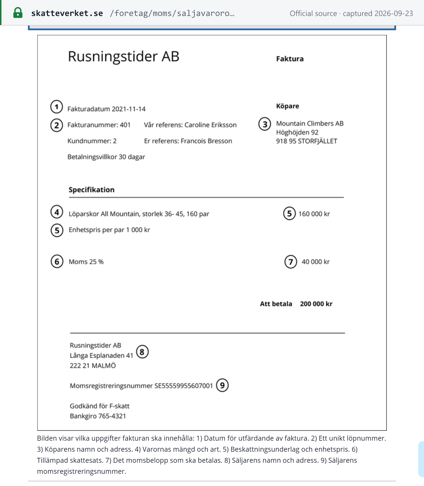 Source snapshot — Skatteverket's annotated example invoice ("Exempel på faktura", Rusningstider AB) with its nine numbered callouts and caption