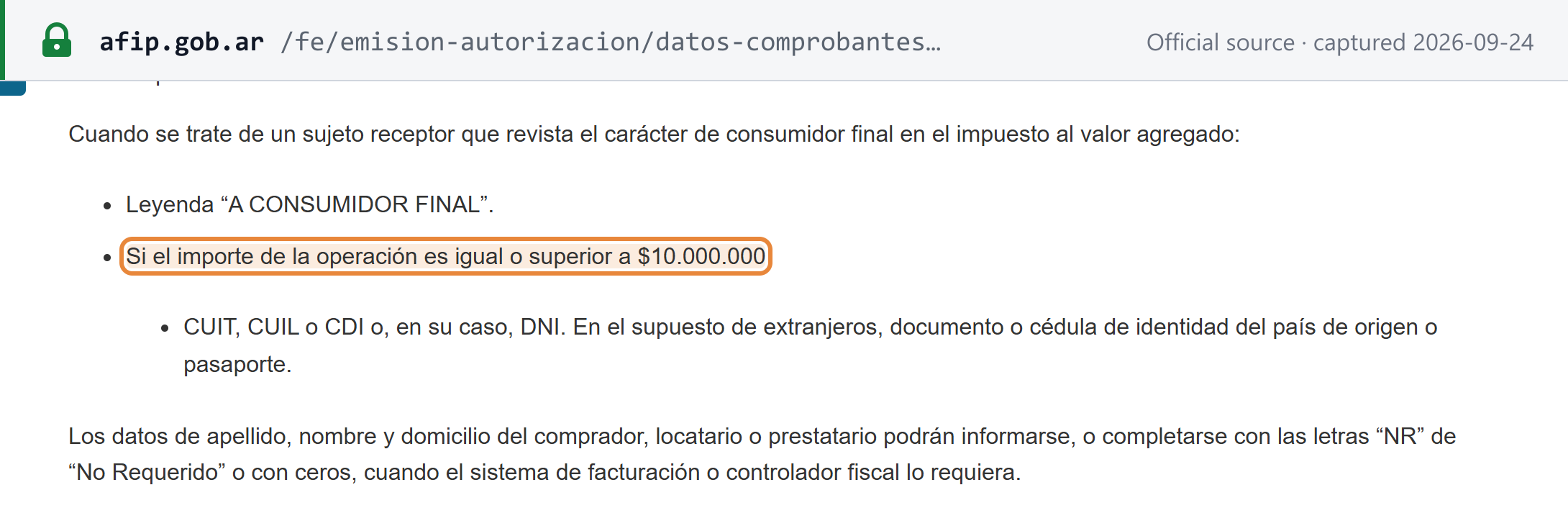 Source snapshot — ARCA: invoices to final consumers carry "A CONSUMIDOR FINAL"; buyer ID required when the operation is ARS 10,000,000 or more; name and address may be "NR"