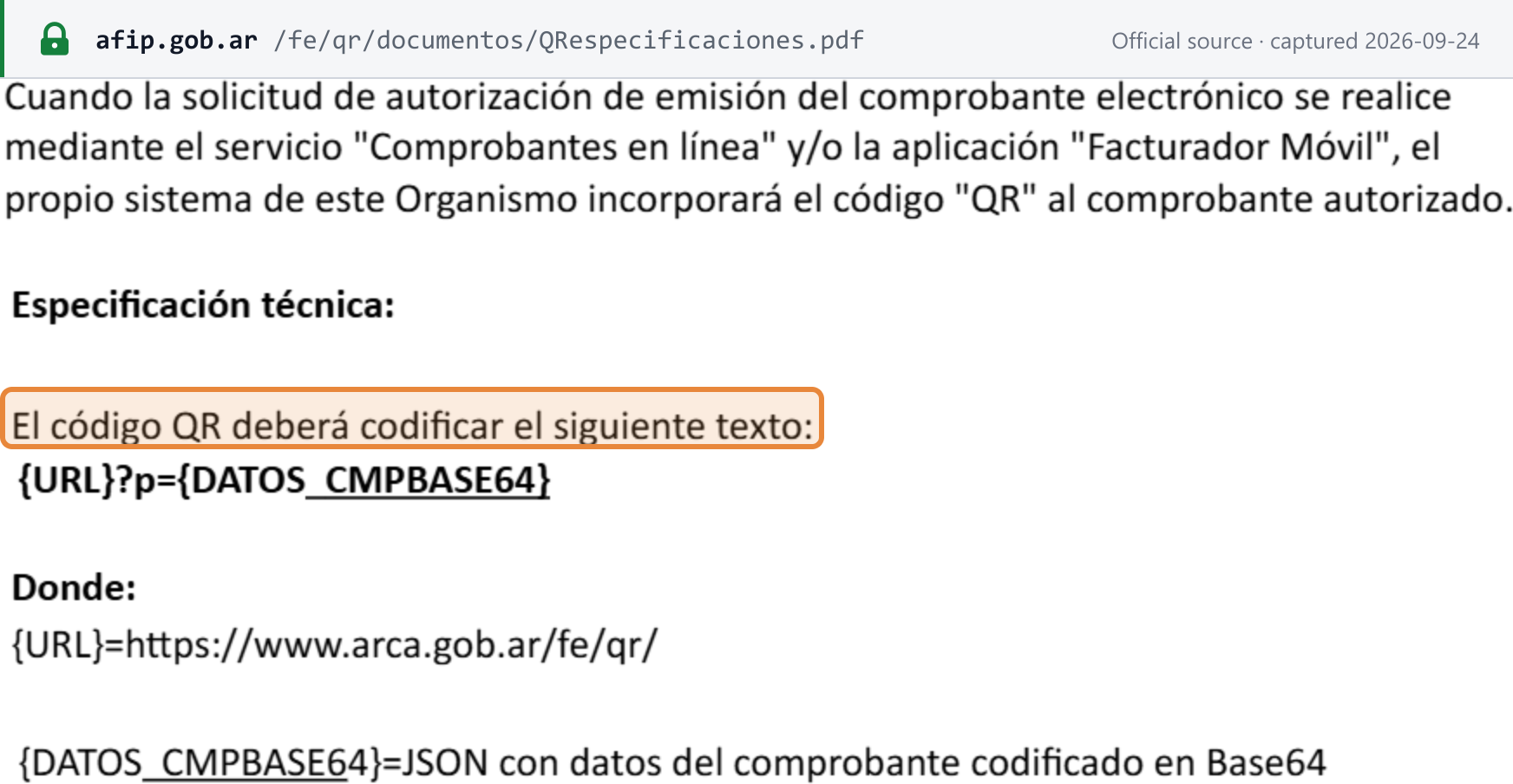 Source snapshot — ARCA QR specification: the QR code must encode the ARCA URL https://www.arca.gob.ar/fe/qr/ plus a p parameter carrying a Base64-encoded JSON of invoice data