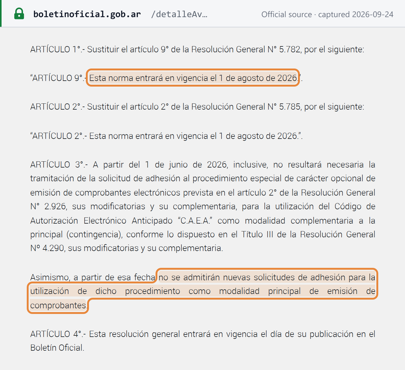 Source snapshot — RG 5852/2026: RG 5782 and RG 5785 take effect on 1 August 2026; no new adhesions to CAEA as the main issuing method