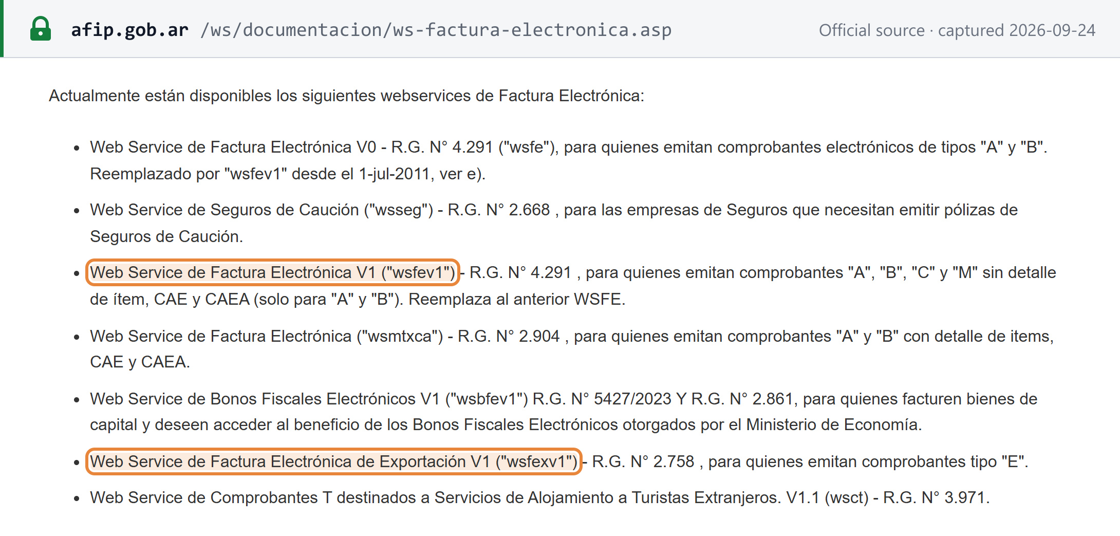 Source snapshot — ARCA's catalogue of e-invoicing SOAP web services, including wsfev1 (RG 4291) and wsfexv1 (class E exports). The page still lists class "M" under wsfev1, which was abolished from 1 Dec 2025