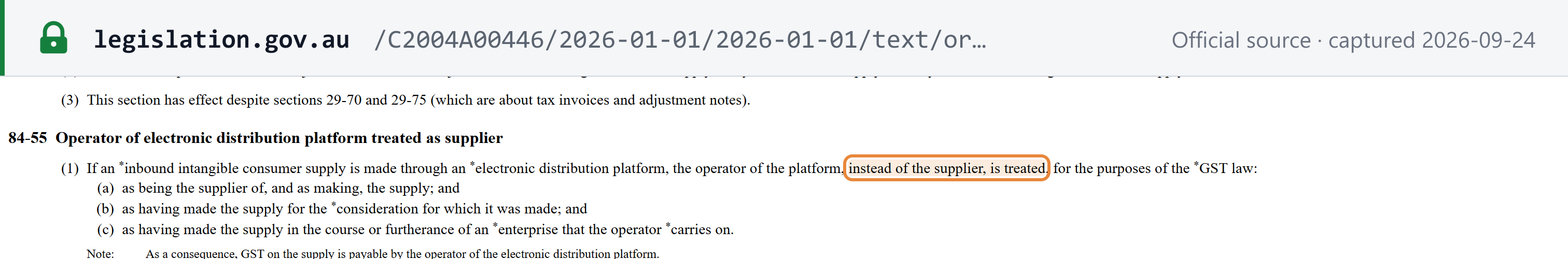 Source snapshot — GST Act s 84-55(1): the operator of an electronic distribution platform, instead of the supplier, is treated as the supplier of an inbound intangible consumer supply